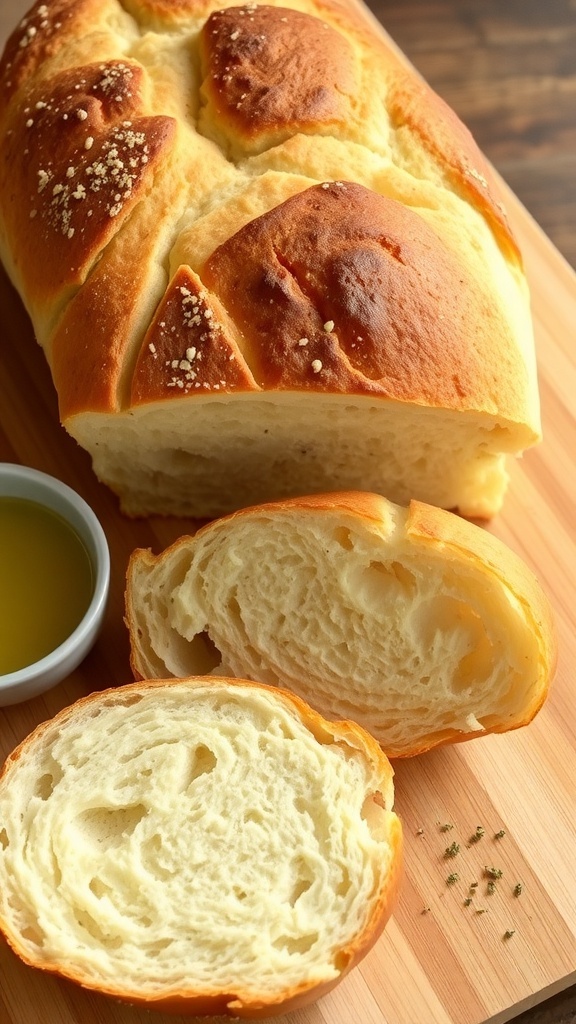 Freshly baked homemade bread loaf sliced on a wooden board with olive oil.
